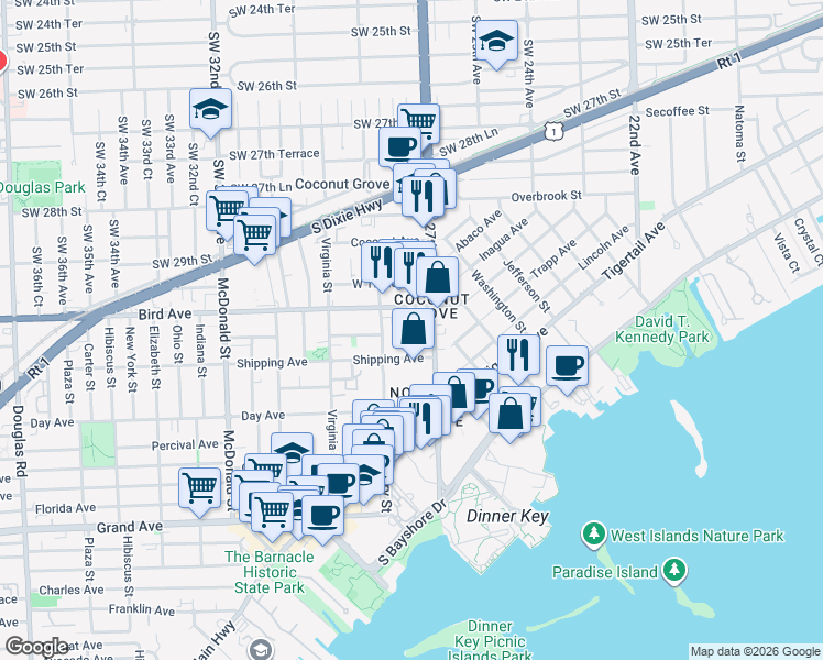 map of restaurants, bars, coffee shops, grocery stores, and more near 3084 Southwest 27th Avenue in Miami