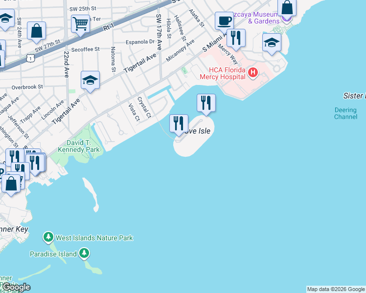 map of restaurants, bars, coffee shops, grocery stores, and more near 1 Grove Isle Drive in Miami