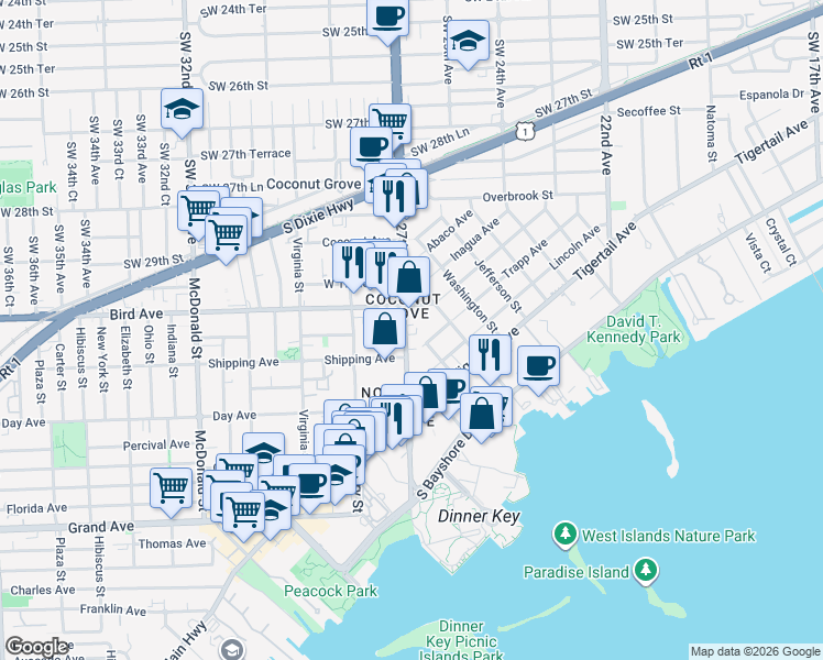 map of restaurants, bars, coffee shops, grocery stores, and more near 3084 Southwest 27th Avenue in Miami