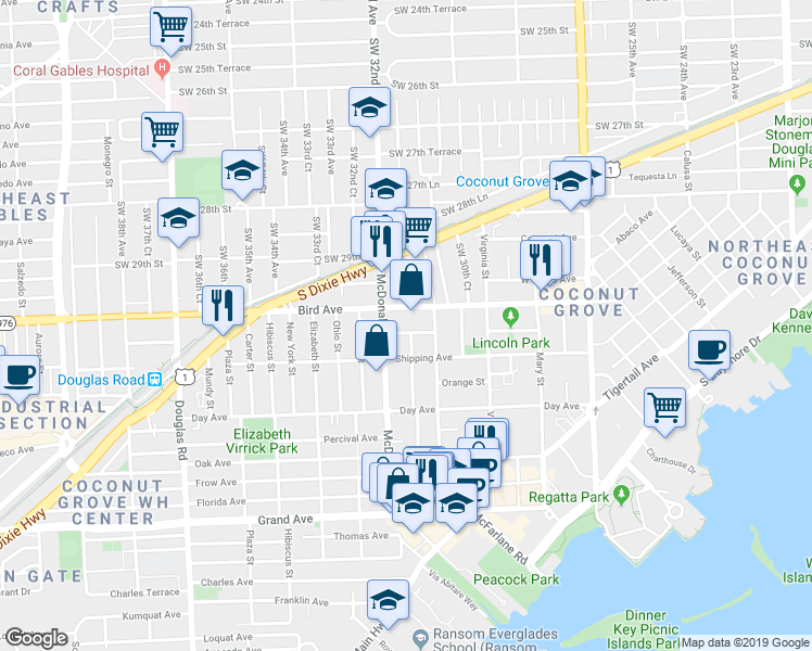 map of restaurants, bars, coffee shops, grocery stores, and more near 3075 McDonald Street in Miami