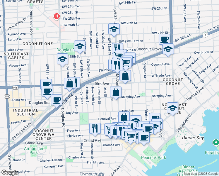 map of restaurants, bars, coffee shops, grocery stores, and more near 3072 Indiana Street in Miami