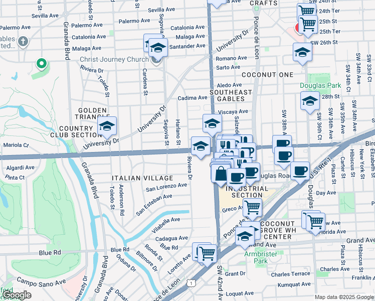 map of restaurants, bars, coffee shops, grocery stores, and more near 515 San Antonio Avenue in Coral Gables