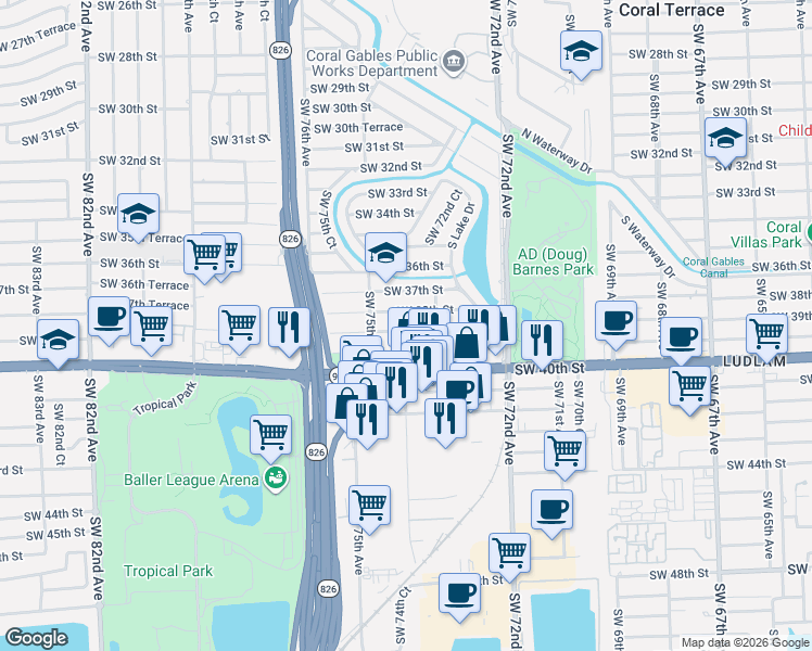 map of restaurants, bars, coffee shops, grocery stores, and more near 7375 Southwest 39th Terrace in Miami