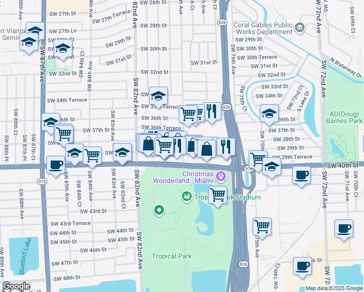 map of restaurants, bars, coffee shops, grocery stores, and more near 7921 Bird Road in Miami