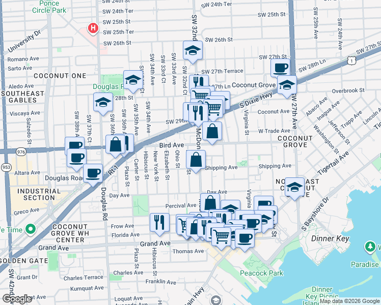 map of restaurants, bars, coffee shops, grocery stores, and more near 3072 Indiana Street in Miami