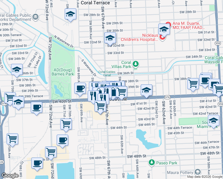 map of restaurants, bars, coffee shops, grocery stores, and more near 6691 Bird Road in Miami