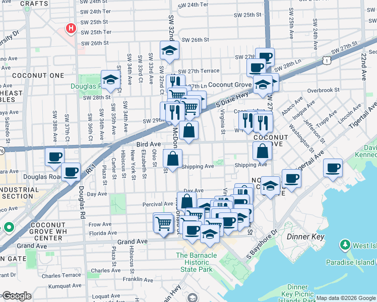 map of restaurants, bars, coffee shops, grocery stores, and more near 3070 Matilda Street in Miami