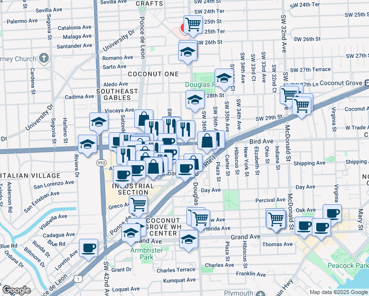 map of restaurants, bars, coffee shops, grocery stores, and more near 3750 Bird Road in Miami