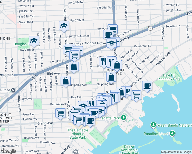 map of restaurants, bars, coffee shops, grocery stores, and more near 2965 Shipping Avenue in Miami