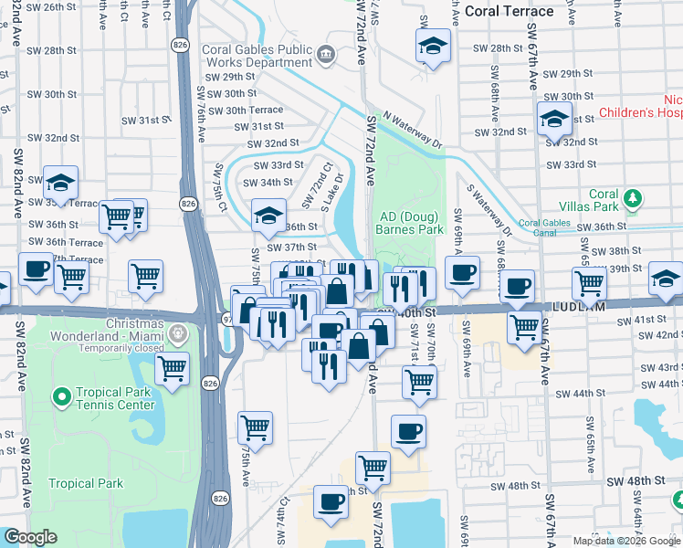 map of restaurants, bars, coffee shops, grocery stores, and more near 7265 Southwest 38th Street in Miami