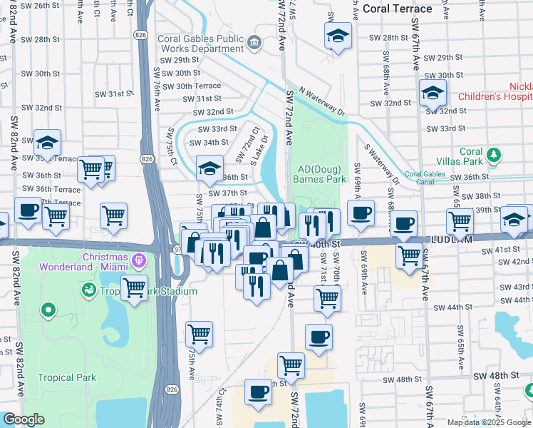 map of restaurants, bars, coffee shops, grocery stores, and more near 7265 Southwest 38th Street in Miami