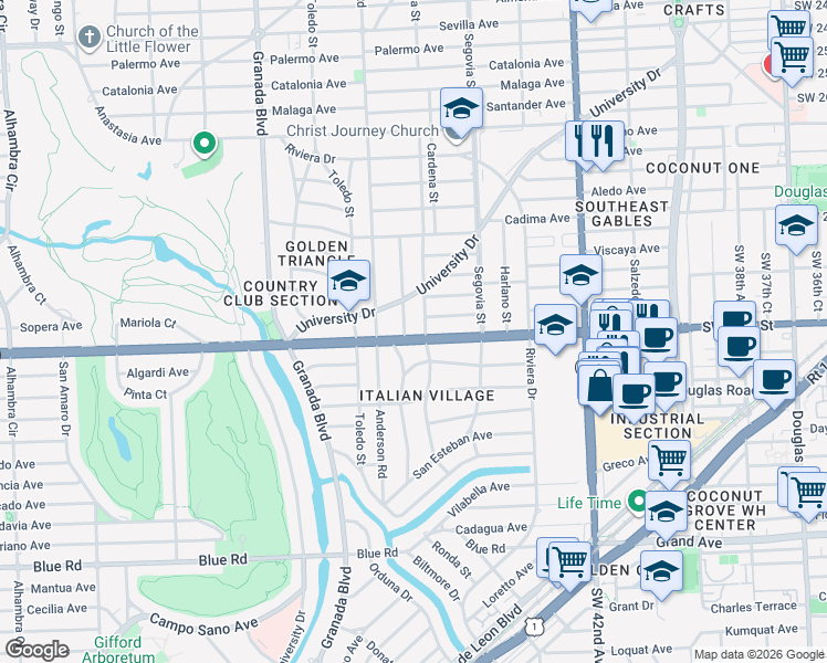 map of restaurants, bars, coffee shops, grocery stores, and more near 750 University Drive in Coral Gables