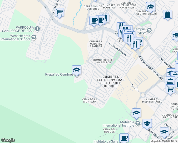 map of restaurants, bars, coffee shops, grocery stores, and more near in Monterrey