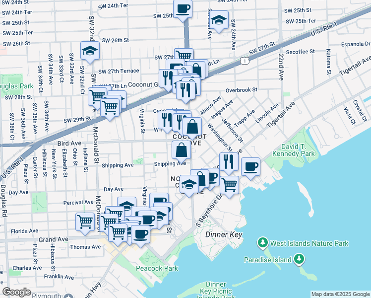 map of restaurants, bars, coffee shops, grocery stores, and more near in Miami