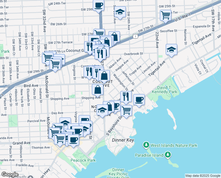 map of restaurants, bars, coffee shops, grocery stores, and more near 3022 Aviation Avenue in Miami