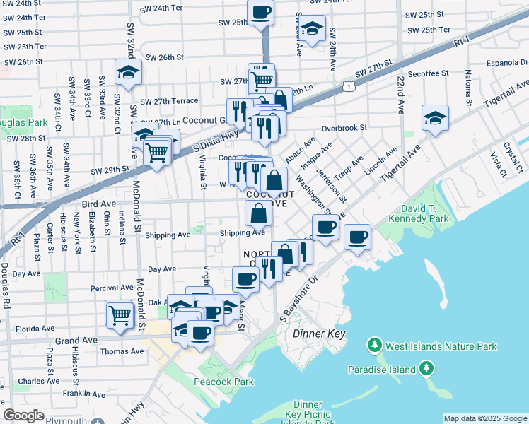 map of restaurants, bars, coffee shops, grocery stores, and more near in Miami