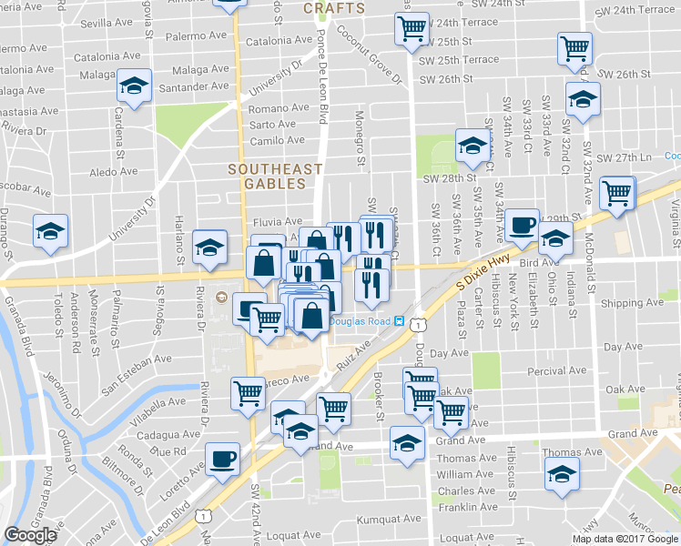 map of restaurants, bars, coffee shops, grocery stores, and more near 2970 Southwest 38th Court in Miami