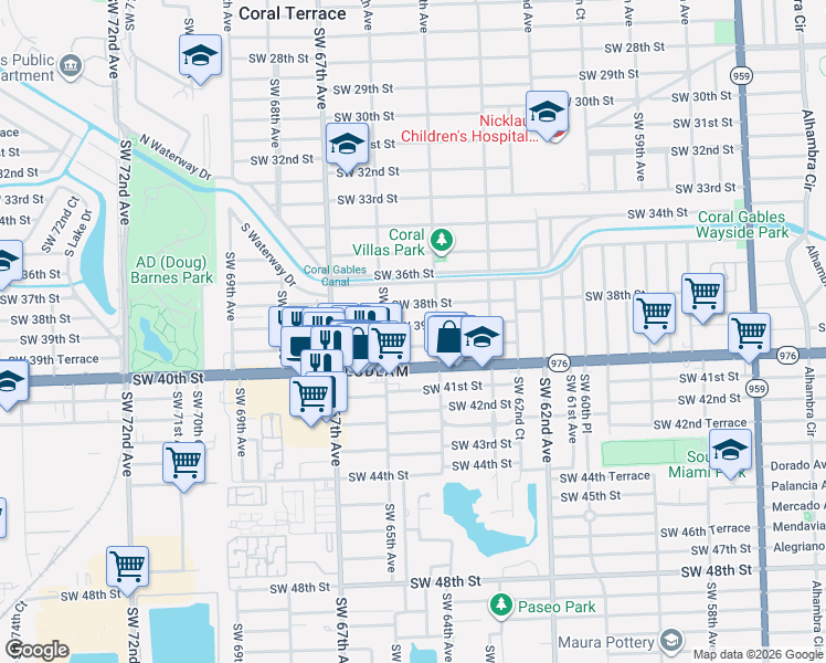 map of restaurants, bars, coffee shops, grocery stores, and more near 6424 Southwest 38th Street in Miami