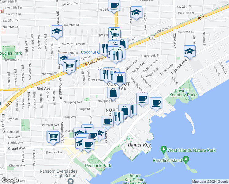map of restaurants, bars, coffee shops, grocery stores, and more near in Miami