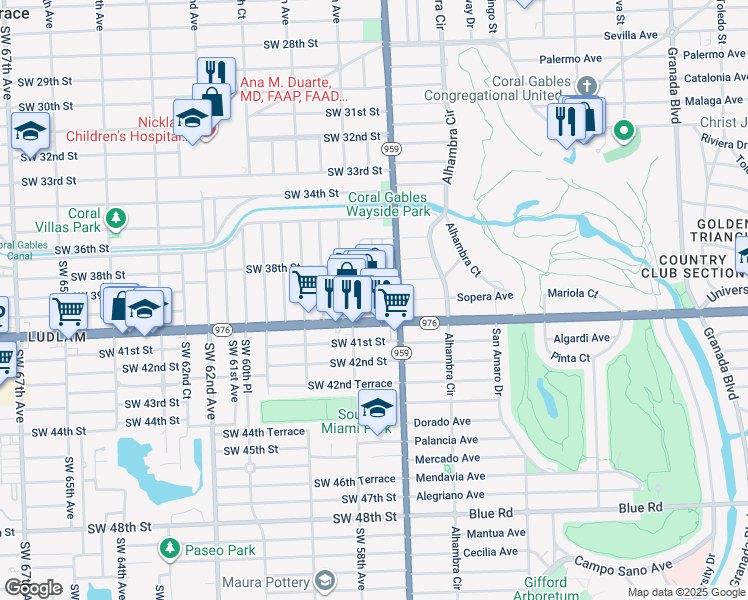 map of restaurants, bars, coffee shops, grocery stores, and more near 5745 Southwest 39th Street in Miami