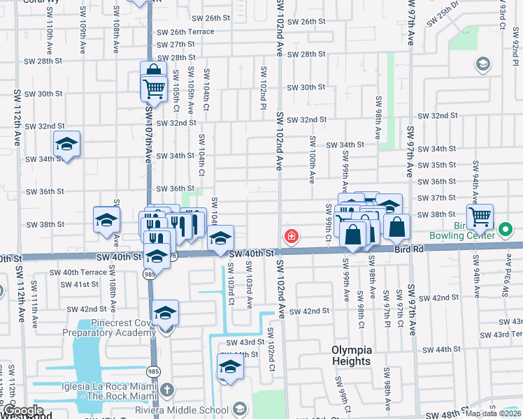 map of restaurants, bars, coffee shops, grocery stores, and more near 10255 Southwest 37th Street in Miami