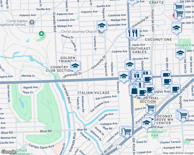 map of restaurants, bars, coffee shops, grocery stores, and more near 639 Bird Road in Coral Gables