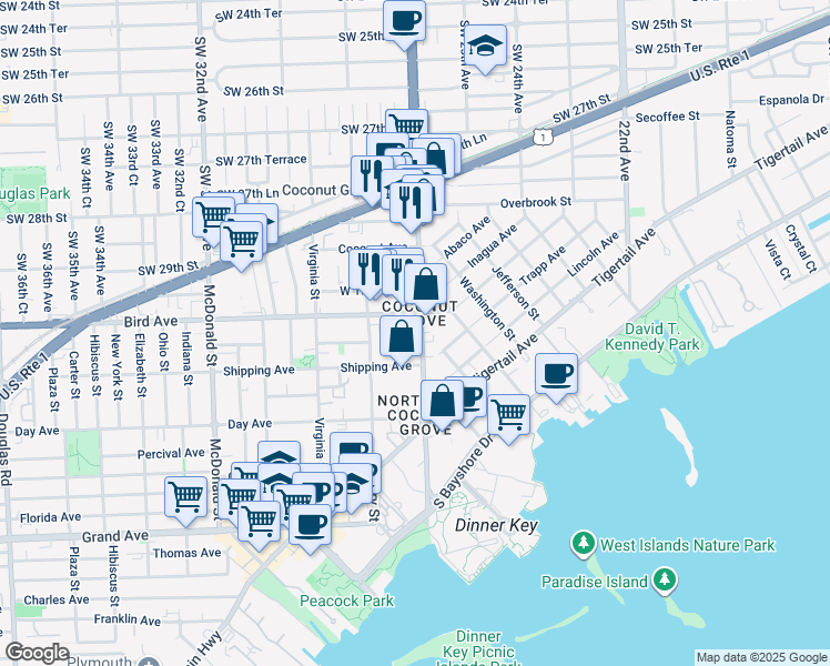 map of restaurants, bars, coffee shops, grocery stores, and more near in Miami