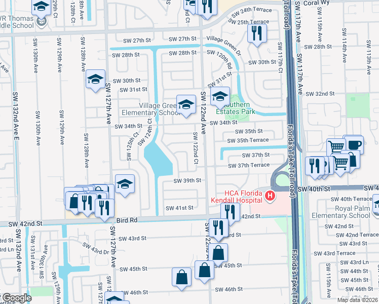 map of restaurants, bars, coffee shops, grocery stores, and more near 3541 Southwest 122nd Court in Miami