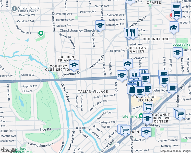 map of restaurants, bars, coffee shops, grocery stores, and more near 639 Bird Road in Coral Gables