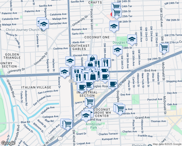 map of restaurants, bars, coffee shops, grocery stores, and more near Bird Road & Ponce De Leon Boulevard in Coral Gables