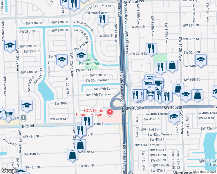 map of restaurants, bars, coffee shops, grocery stores, and more near 11830 Southwest 35th Terrace in Miami