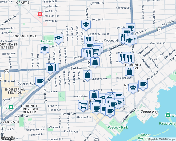 map of restaurants, bars, coffee shops, grocery stores, and more near 2999 McDonald Street in Miami