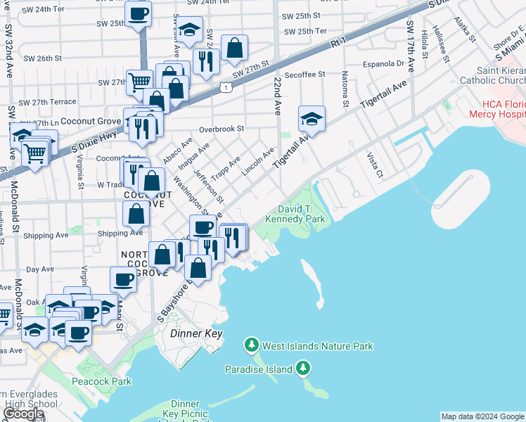 map of restaurants, bars, coffee shops, grocery stores, and more near 2331 Tigertail Court in Miami