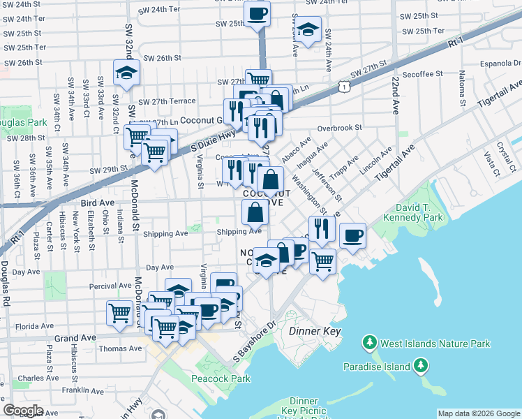 map of restaurants, bars, coffee shops, grocery stores, and more near in Miami