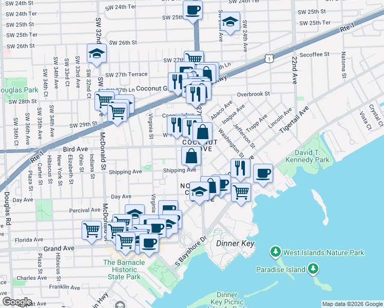 map of restaurants, bars, coffee shops, grocery stores, and more near in Miami
