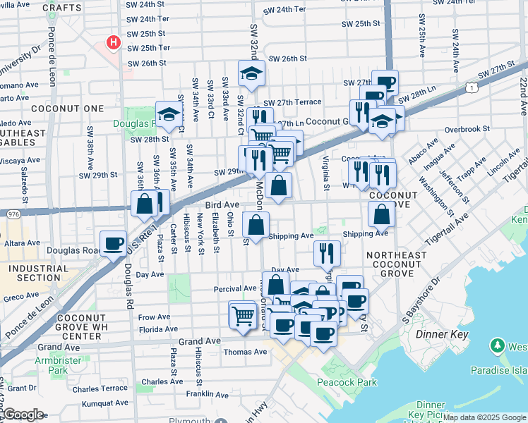 map of restaurants, bars, coffee shops, grocery stores, and more near 2999 McDonald Street in Miami