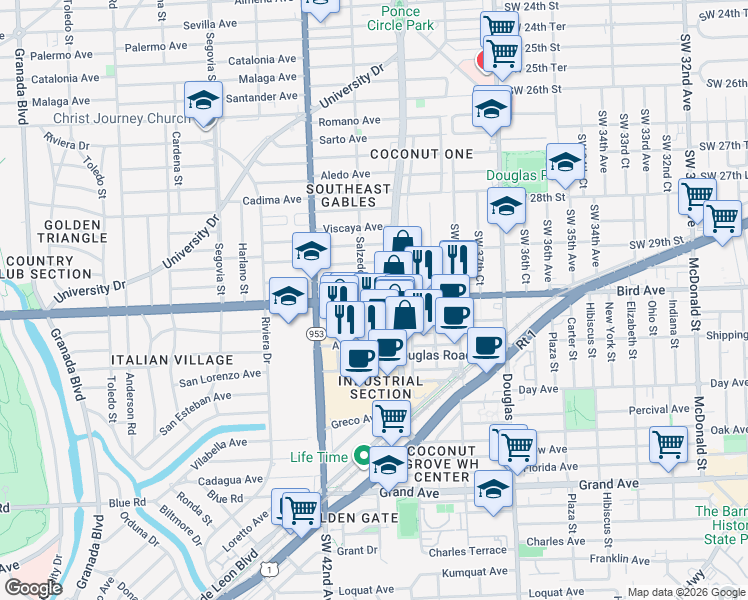 map of restaurants, bars, coffee shops, grocery stores, and more near in Coral Gables