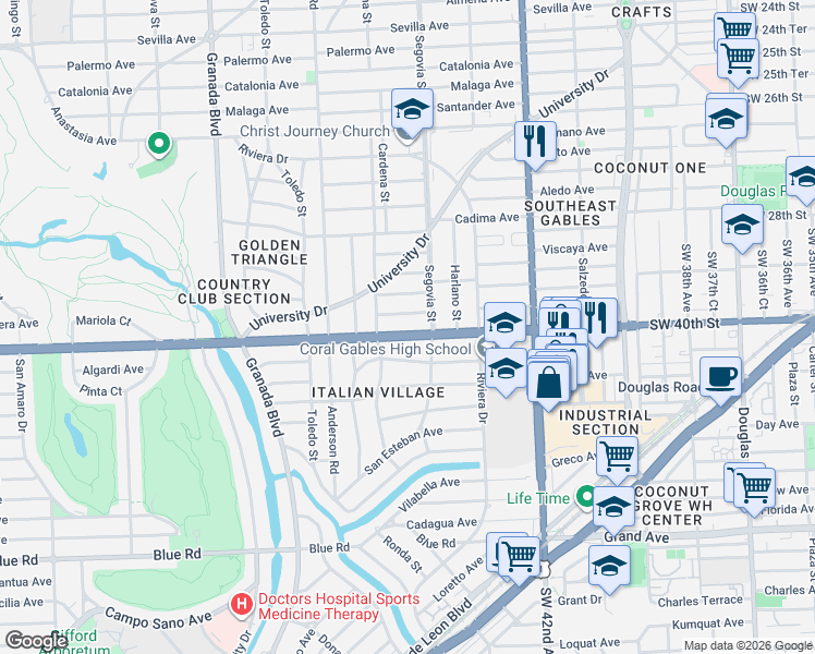 map of restaurants, bars, coffee shops, grocery stores, and more near 607 Velarde Avenue in Coral Gables