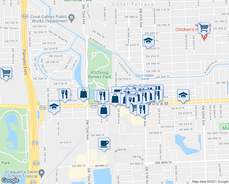 map of restaurants, bars, coffee shops, grocery stores, and more near 3820 Southwest 69th Avenue in Miami