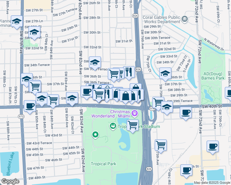 map of restaurants, bars, coffee shops, grocery stores, and more near 7795 Southwest 40th Street in Miami
