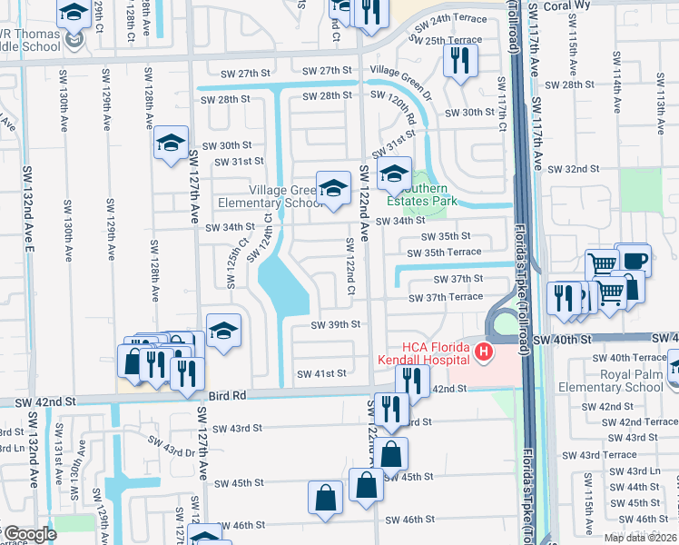 map of restaurants, bars, coffee shops, grocery stores, and more near 3541 Southwest 122nd Court in Miami