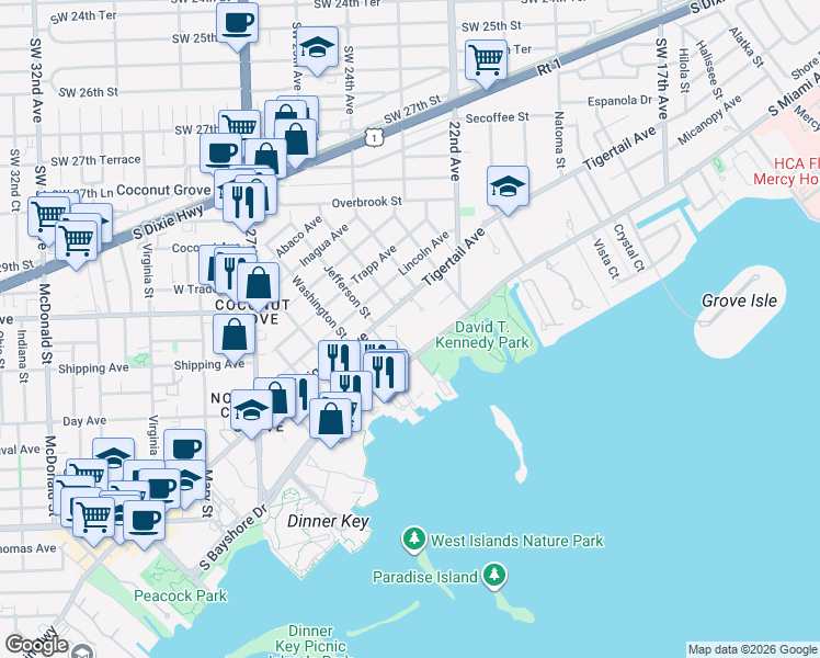 map of restaurants, bars, coffee shops, grocery stores, and more near 2467 South Bayshore Drive in Miami