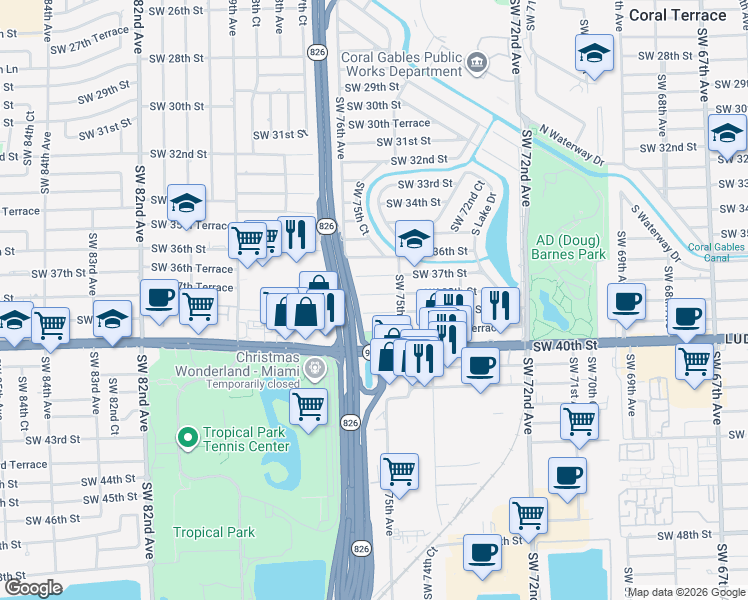 map of restaurants, bars, coffee shops, grocery stores, and more near 7550 Southwest 38th Street in Miami