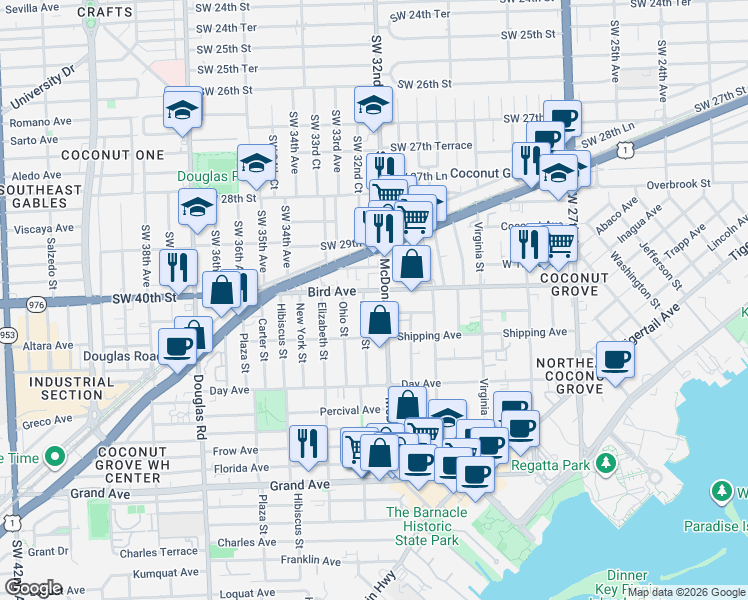 map of restaurants, bars, coffee shops, grocery stores, and more near 3204 Bird Avenue in Miami