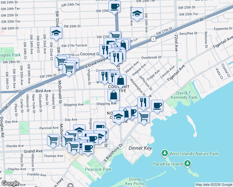 map of restaurants, bars, coffee shops, grocery stores, and more near in Miami