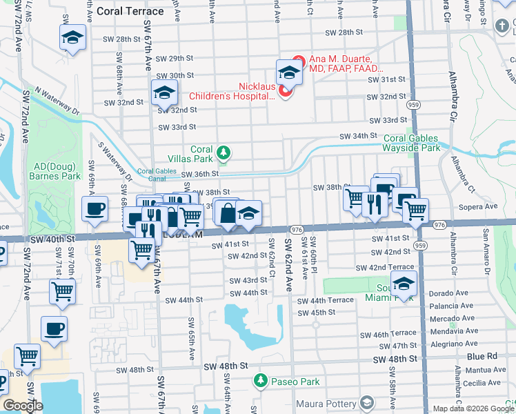 map of restaurants, bars, coffee shops, grocery stores, and more near 6287 Southwest 39th Street in Miami