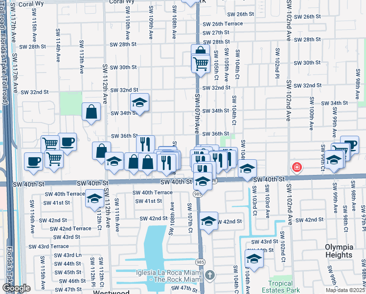 map of restaurants, bars, coffee shops, grocery stores, and more near 10732 Southwest 36th Street in Miami