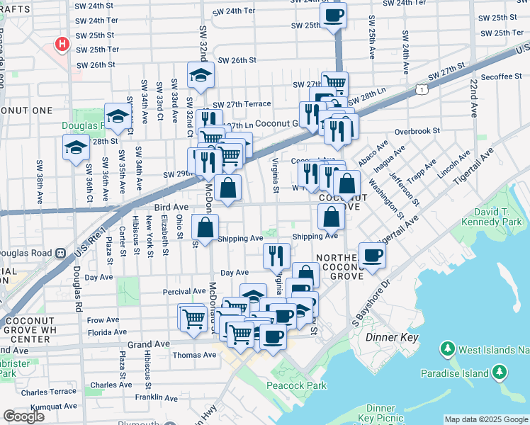 map of restaurants, bars, coffee shops, grocery stores, and more near 3046 Bird Avenue in Miami