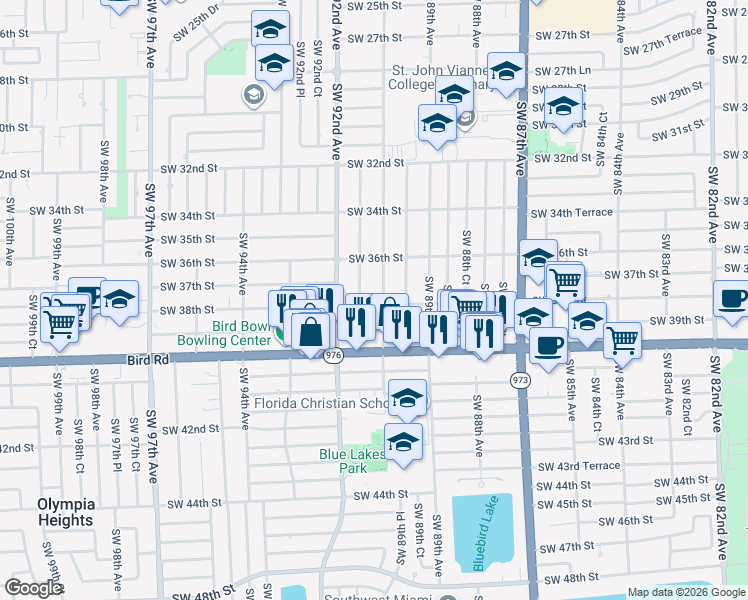 map of restaurants, bars, coffee shops, grocery stores, and more near 3711 Southwest 90th Avenue in Miami