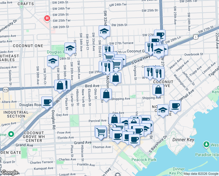 map of restaurants, bars, coffee shops, grocery stores, and more near 2999 McDonald Street in Miami